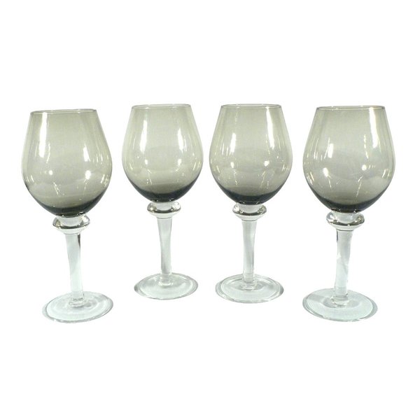 Wine Glass Goblet Smoked Gray Clear Stem Set of 4 Vintage Glassware 10" - Picture 1 of 15